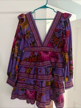 FARM Rio Purple Tropical Floral Tiered V-Neck Mini Dress